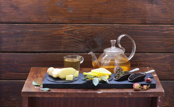 Tea set with ginger, lemon and honey — Stock Photo, Image