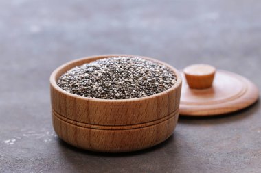 Chia tohum bir ahşap kase, süper yiyecek