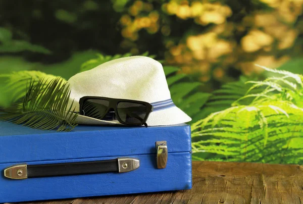 Maleta vintage, sombrero, gafas - concepto de viaje —  Fotos de Stock