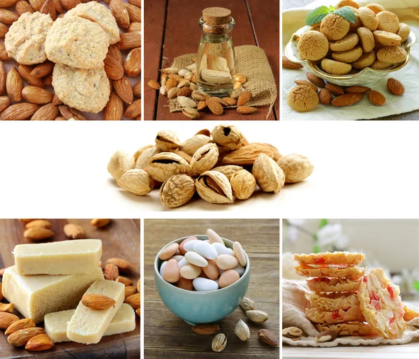 Collage set nuts, almond oil, cookies and marzipan — Stock Photo, Image