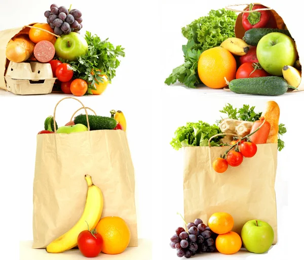 Colagem, conjunto de supermercado saco de compras de alimentos — Fotografia de Stock