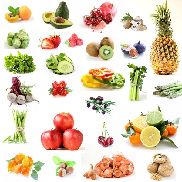 Set di collage verdure, frutta, bacche su sfondo bianco — Foto Stock