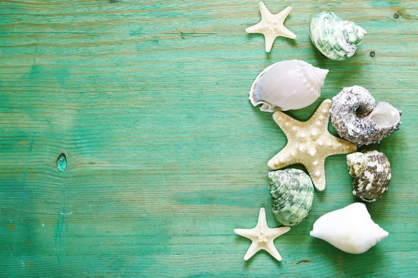 Vacation concept - starfish and seashells on a wooden background — Stock Photo, Image