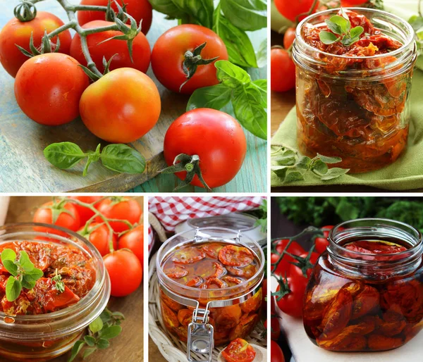 Collage, set  sun dried tomatoes in glass jar — Stock Photo, Image