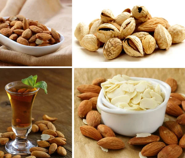 Collage set nuts and almond liquor — Stock Photo, Image