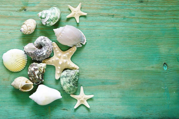 Vacation concept - starfish and seashells on a wooden background — Stock Photo, Image