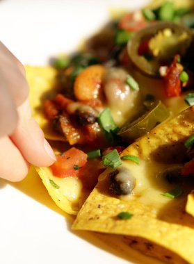 Geleneksel Meksika yemeği cips mısır cipsi, peynir ve acı biber ile