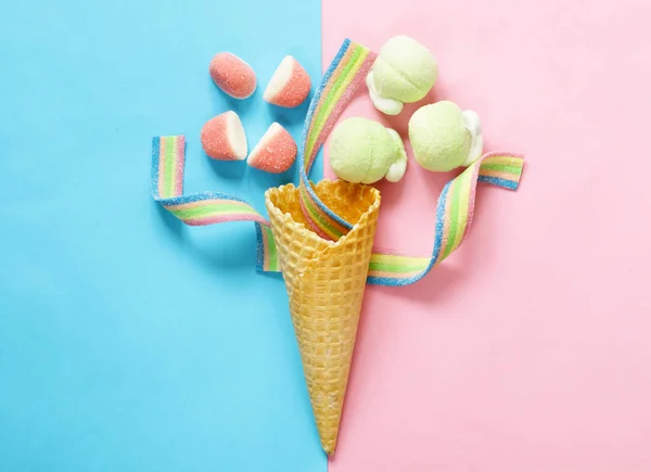Waffle cone with jelly sweets - funny food — Stock Photo, Image
