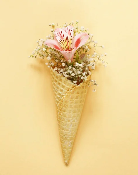 Róg wafel z wiosennych kwiatów, waniliowy styl — Zdjęcie stockowe