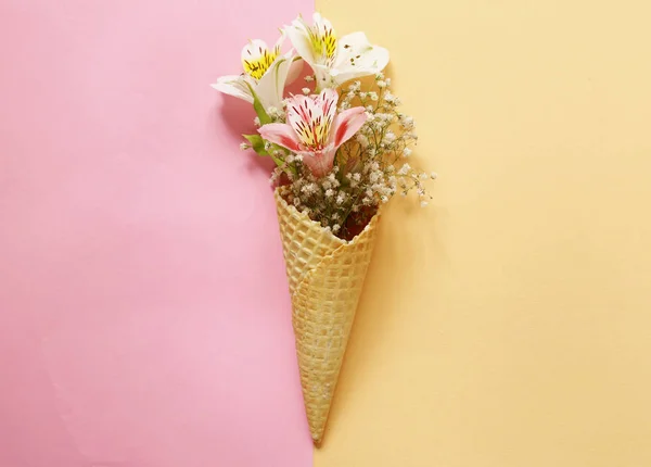 Chifre de waffle com flores de primavera, estilo baunilha — Fotografia de Stock