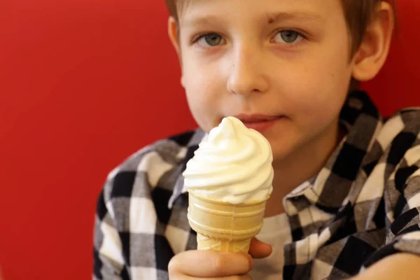 Schattige blonde jongen eten van ijs in wafel kegel — Stockfoto
