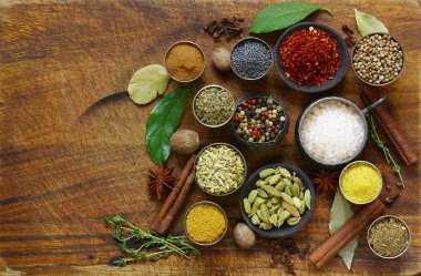 Çeşitli baharatlar (karabiber, rezene, zerdeçal, anason, tarçın)