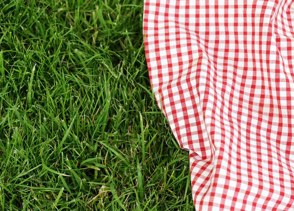 Background for a picnic - plaid on green grass — Stock Photo, Image