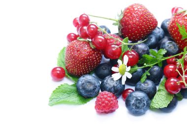 Çeşitli meyveler - çilek, kuş üzümü, ahududu, yaban mersini