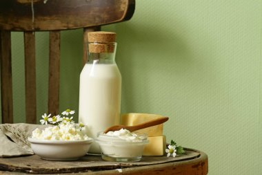 Rustik natürmort süt ürünleri - süzme peynir, ekşi krema, peynir, süt
