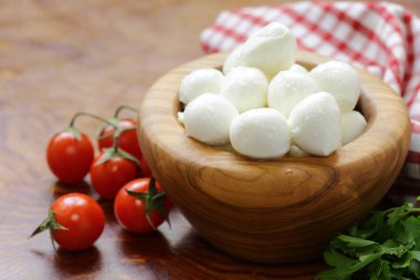 Ahşap bir masa üzerinde İtalyan yumuşak mozzarella peyniri