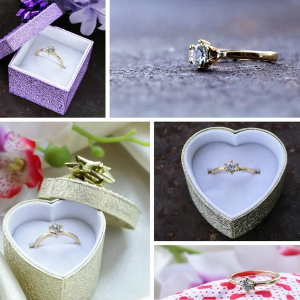 Collage of a gold ring with a diamond Stock Picture