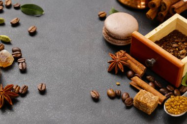 kahve natürmort arka plan - tahıl ve baharat, şeker