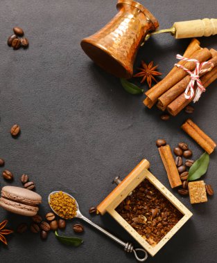 kahve natürmort arka plan - tahıl ve baharat, şeker