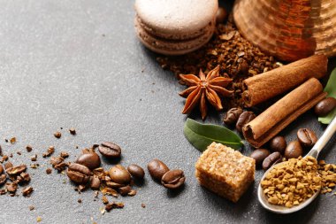 kahve natürmort arka plan - tahıl ve baharat, şeker