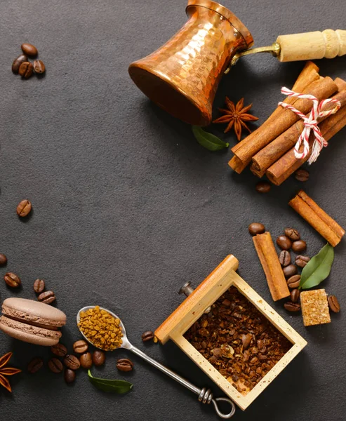 kahve natürmort arka plan - tahıl ve baharat, şeker