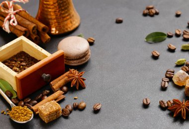 kahve natürmort arka plan - tahıl ve baharat, şeker