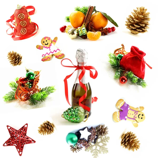 Christmas decorations and sweets, champagne holiday symbols — Stock Photo, Image