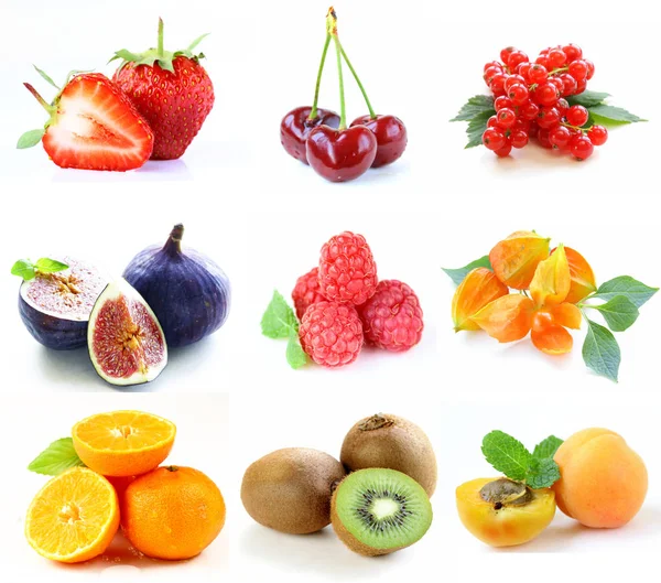 Collage aus Beeren und Früchten auf weißem Hintergrund — Stockfoto