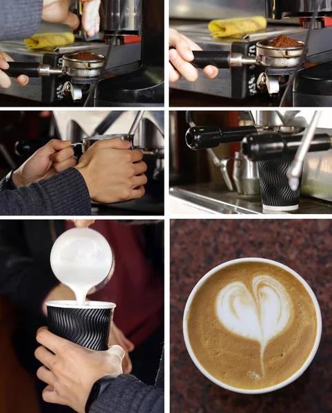 Collage, Barista bereitet Kaffee-Latte zu — Stockfoto