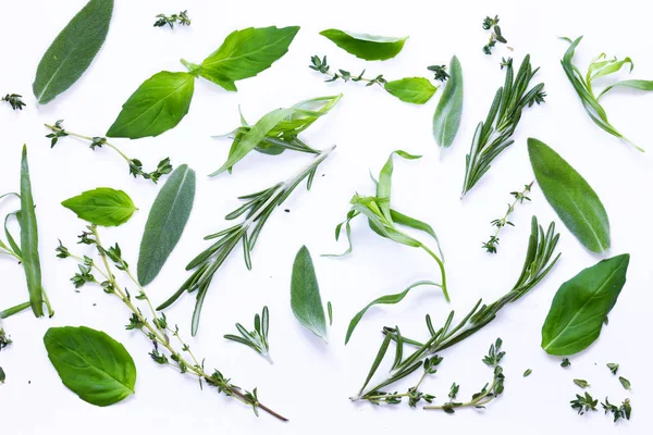 Aromatyczne zioła - bazylia, tymianek, rozmaryn na białym tle — Zdjęcie stockowe