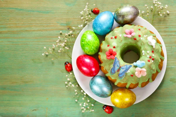 Easter Symbols Food Easter Cake Painted Eggs — Stock Photo, Image