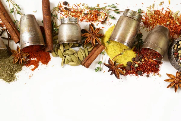 Various Aromatic Spices Metal Vintage Bowls — Stock Photo, Image