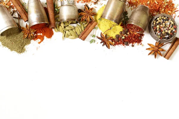 Various Aromatic Spices Metal Vintage Bowls — Stock Photo, Image