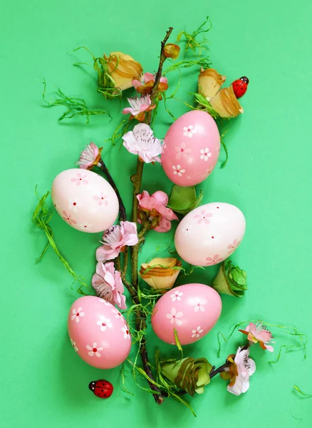 Easter Decoration Flowers Painted Eggs — Stock Photo, Image