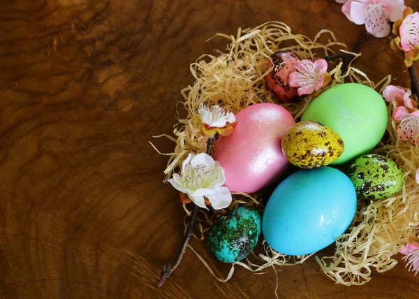 Decorazione Pasquale Con Fiori Uova Dipinte — Foto Stock