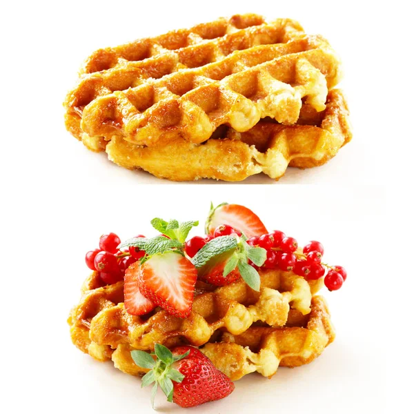 Sweet Delicious Waffles Strawberries White Background — Stok fotoğraf