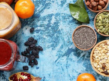 Kahvaltı, chia tohumu, meyveler, fındık, müsli için sağlıklı gıda