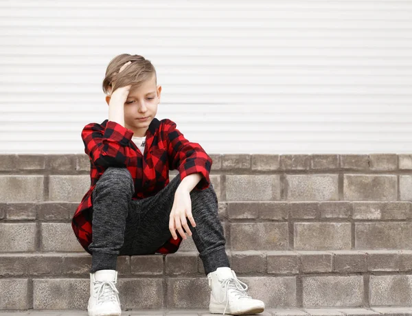 Blond Boy Casual Clothes Sad Lonely — Stock Photo, Image