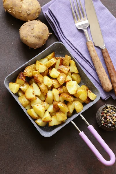 Fried Potatoes Frying Pan Rustic Style — Stock Photo, Image