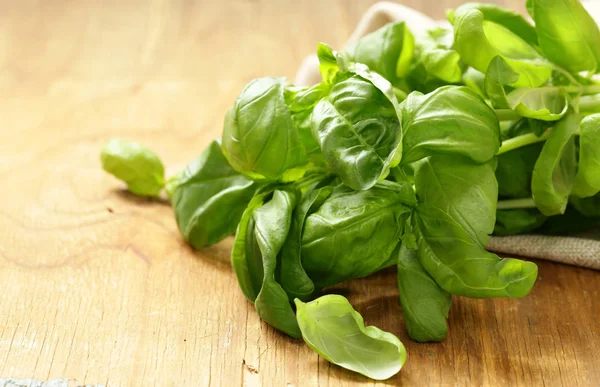 Fresh Organic Bouquet Fragrant Basil Wooden Table — Stock Photo, Image