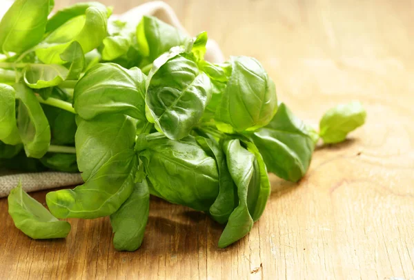 Fresh Organic Bouquet Fragrant Basil Wooden Table — Stock Photo, Image