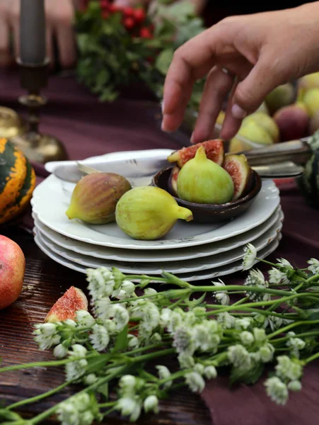 Table Automne Festive Avec Fruits Fromage — Photo