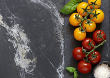 Gıda menüsü, siyah grafit ve domates için arkaplan