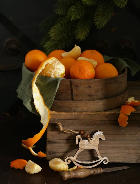 Naturliga Orange Tangeriner Bordet Jul Stilleben — Stockfoto