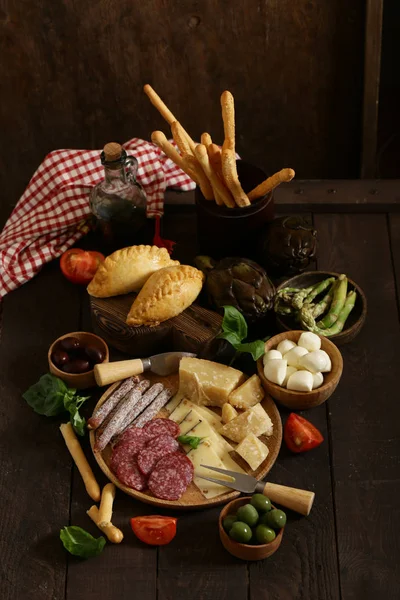 Delicious Snacks Antipasti Wooden Table — Stock Photo, Image