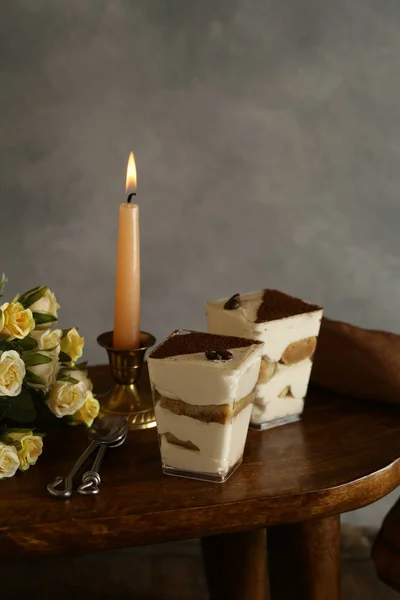 Tiramisu Italian Dessert Romantic Dinner — Stock Photo, Image