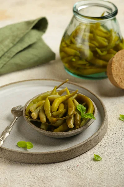 Pickled Green Hot Peppers Wooden Bowl — Stock Photo, Image
