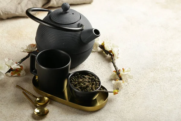 Green Tea Ceremony Cast Iron Teapot — Stock Photo, Image