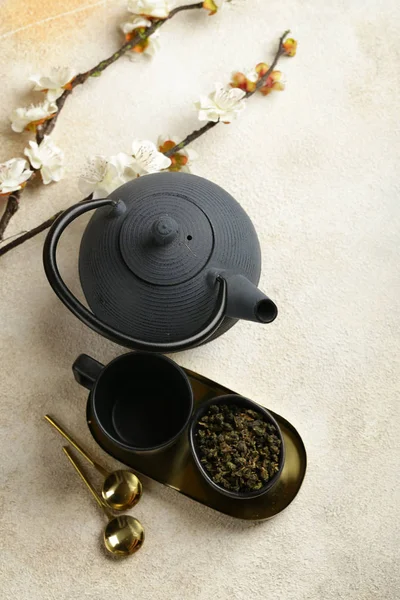 Green Tea Ceremony Cast Iron Teapot — Stock Photo, Image