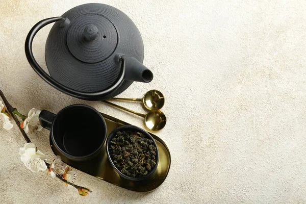 Yeşil Çay Seremonisi Dökme Demir Çaydanlık — Stok fotoğraf